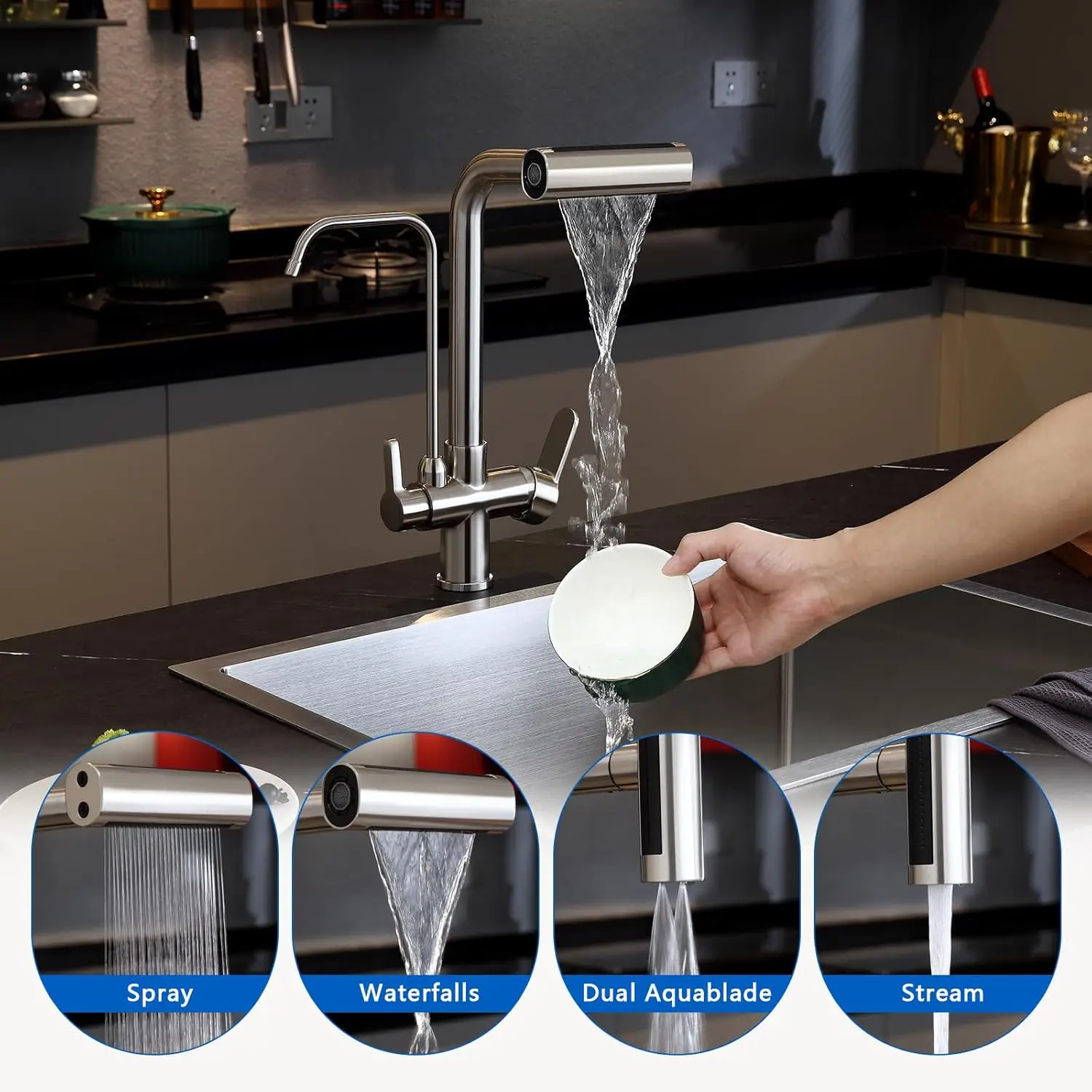 Grifos de cocina con filtro táctil en cascada, grifo mezclador de