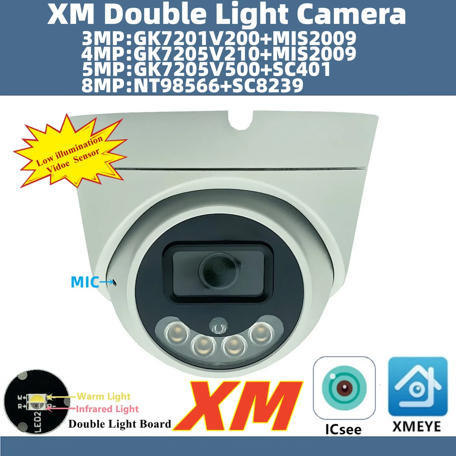 4K 8/5/4/3MP Double Light 3840*2160 H.265 Built-In MIC IP Metal Ceiling Dome Camera ONVIF ICsee XMYE P2P Radiator IP66 Outdoor ip camera surveillance camera
