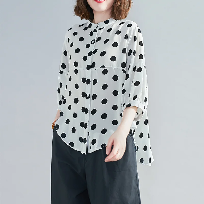 

Spring and Autumn Women's Style Stand Collar Long Sleeve Loose Single-breasted Shirt Polka Dot Irregular Fashion Korean Tops