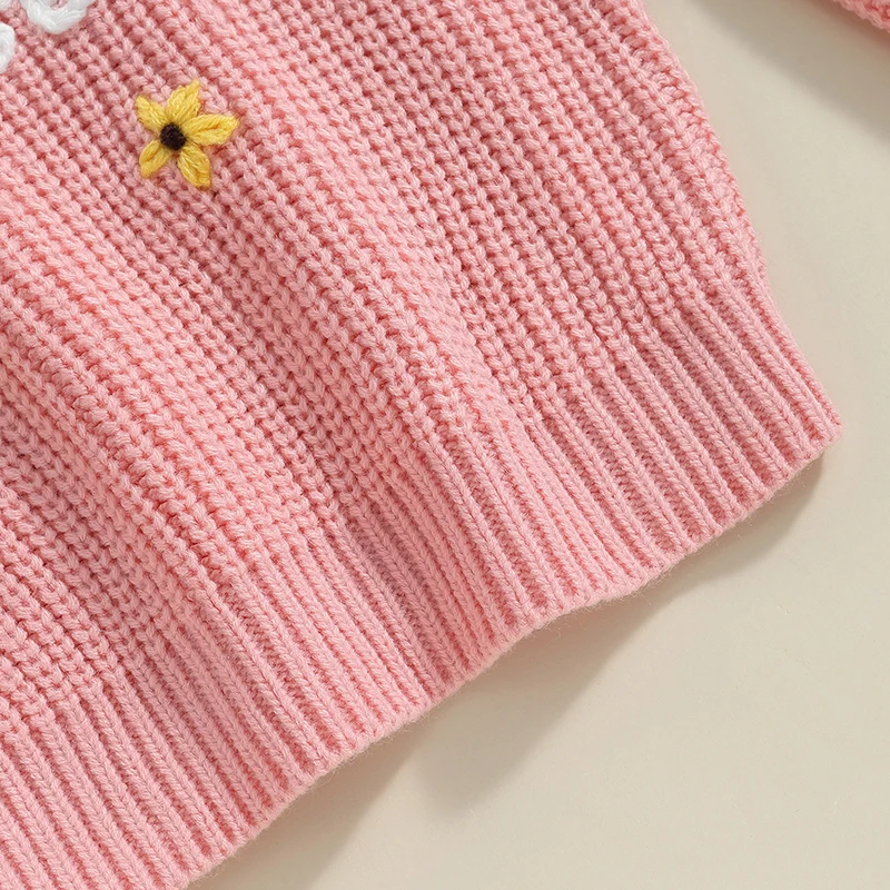 Focus norm 0-3y Herbst Winter Baby Mädchen Pullover 2 Farben Langarm Rundhals ausschnitt Blumen Brief Stickerei Strick Pullover Tops – Detail 1