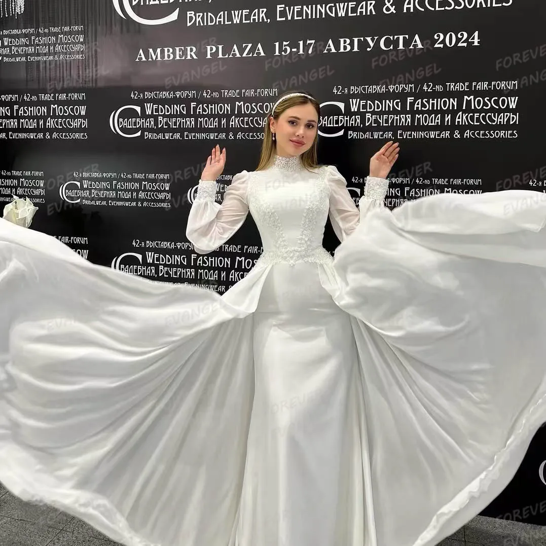 Simple Mermaid Wedding Dresses Woman's Formal Long Sleeve High Neck Appliques Bride Gowns Elegant Vestidos De Novia Customized 3