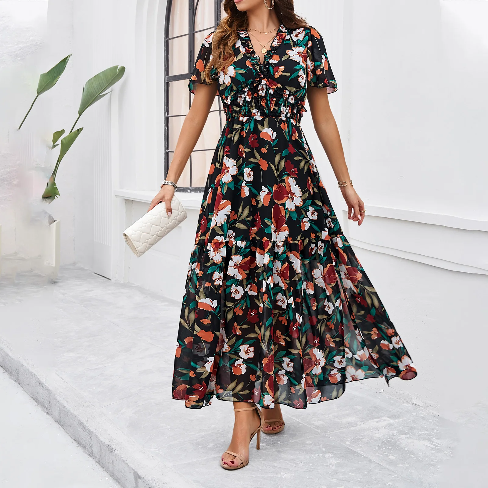 

2024 Spring/Summer Lace Collar Casual Floral Print Waist-cinching Dress