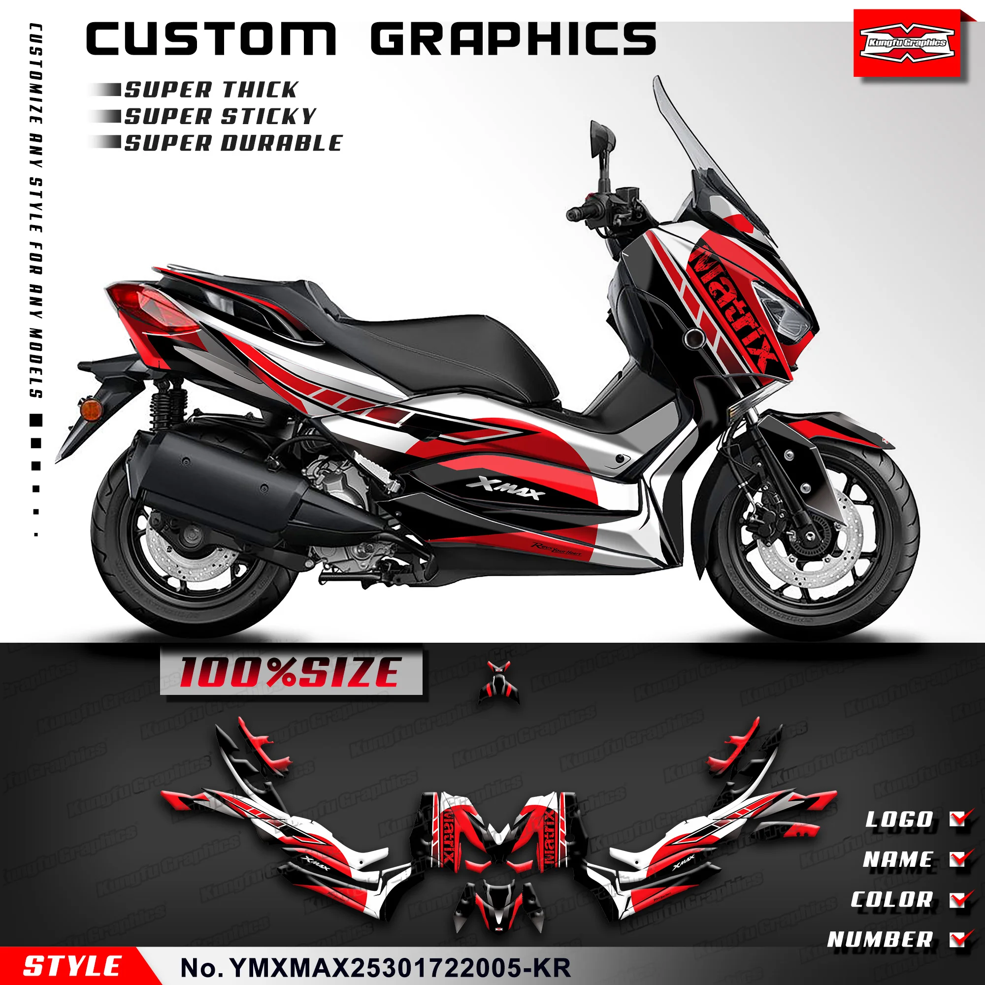 KUNGFU GRAPHICS Motorcycle Decal Waterproof Sticker Kit for Yamaha XMAX 250 300 2017 2018 2019 2020 2021 2022, Red