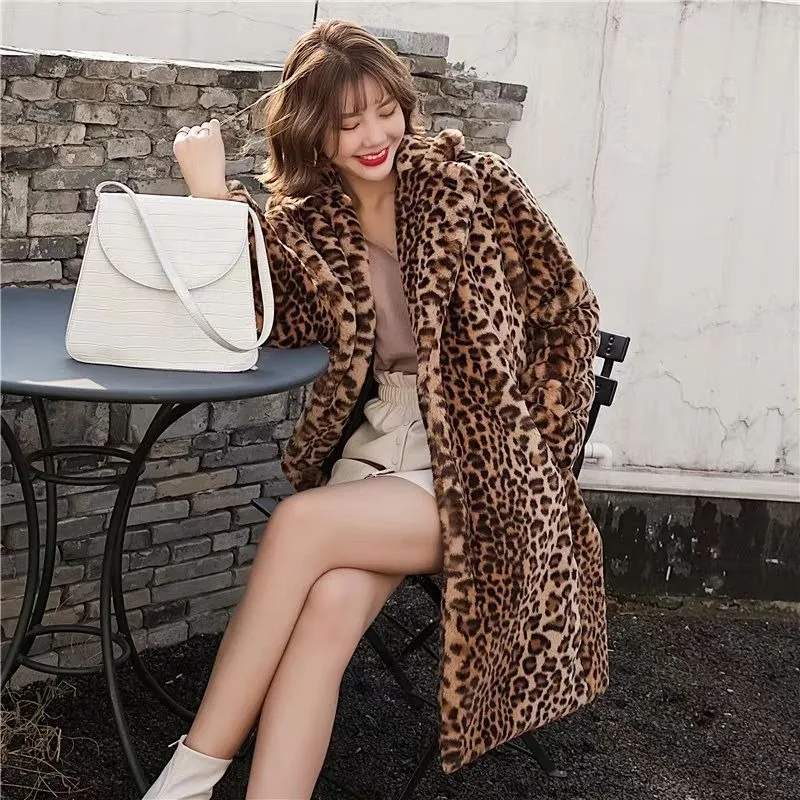 2023 Leopard Print Coat for Women Winter New Slimming Fur Imitation Fur Leopard Print Long Warm Thick Plush Overcoat