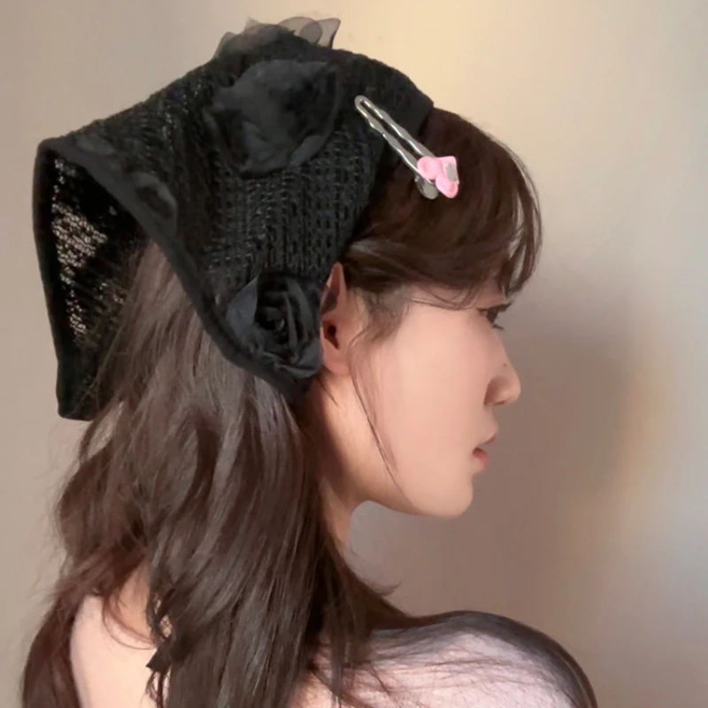 여성용 프렌치 레트로 장미 디자인 레이스 삼각형 헤어 스카프, 용수철 및 여름..