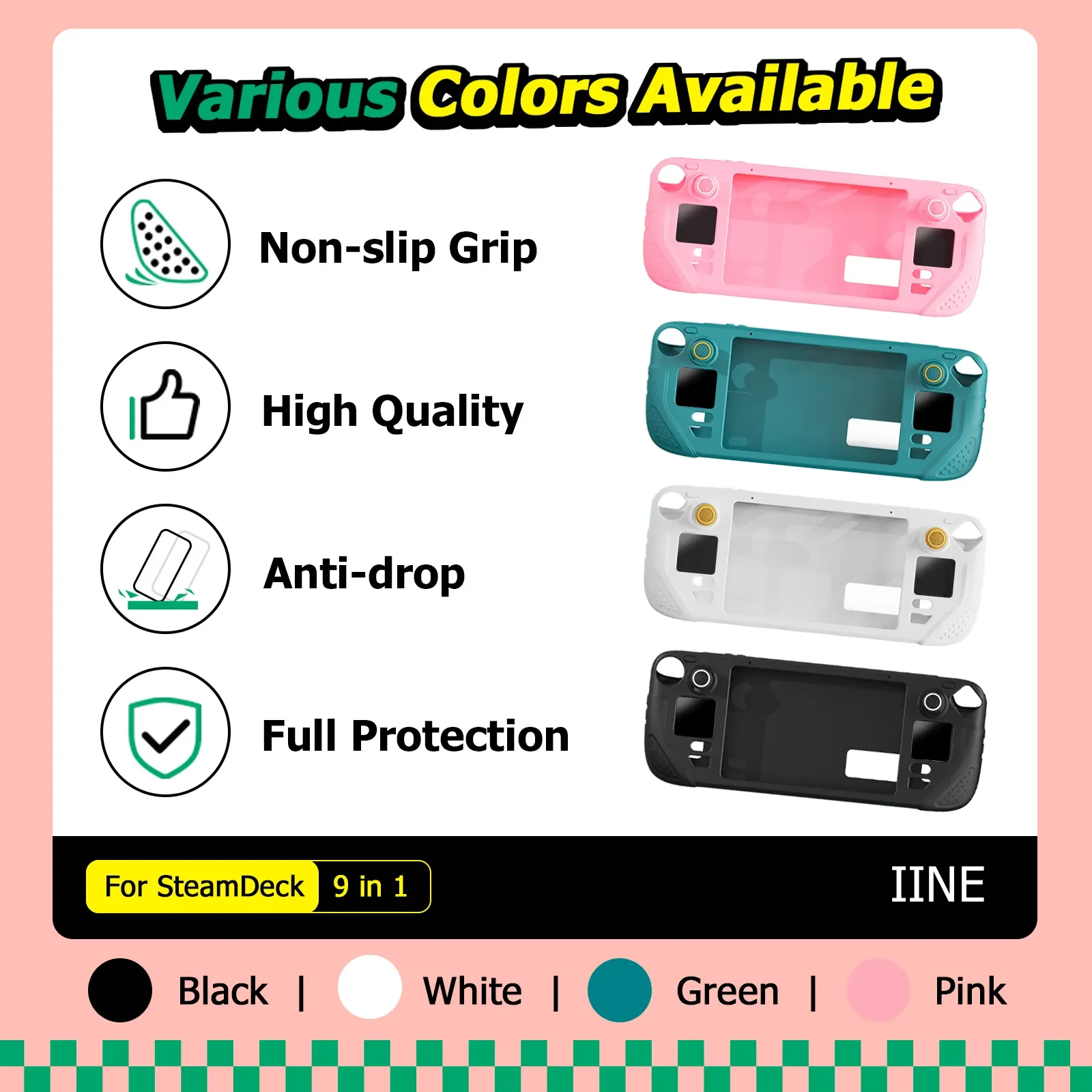 IINE Protective Case Tempered film 9 in 1 Full Protection Soft Silicone Material Shockproof Case Compatible Steam Deck