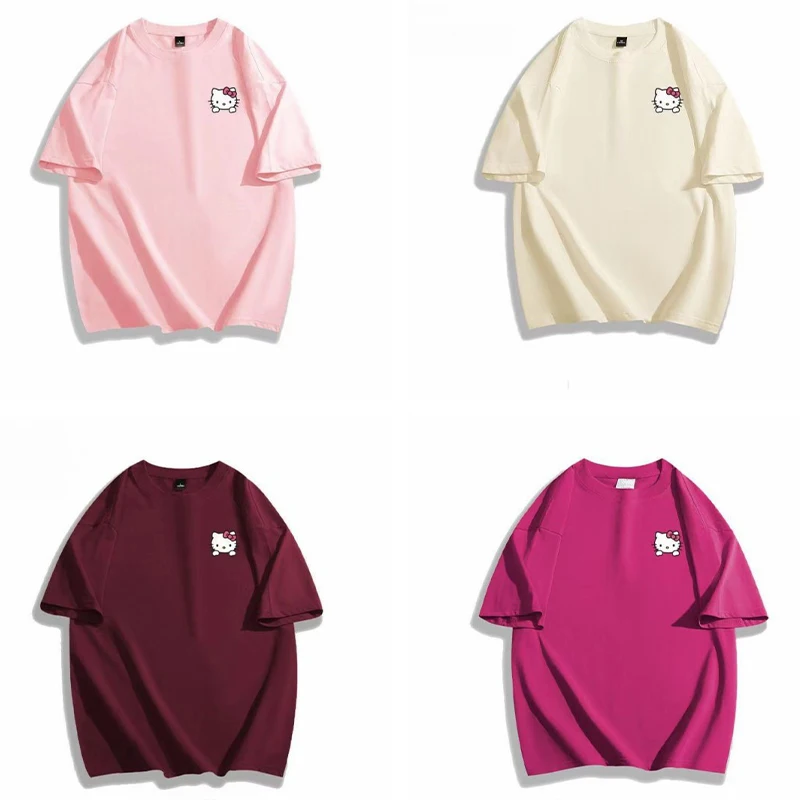 

Summer Sanrio Hello Kitty Pure Cotton Solid Color Short Sleeves Kawaii Round Neck Loose Printing T-Shirts Maiden Short Sleeve