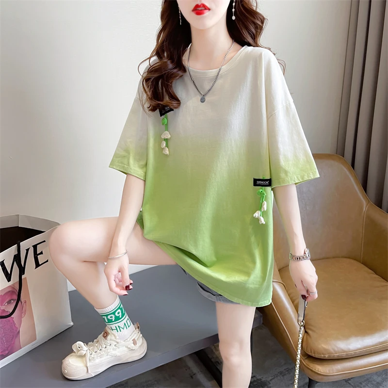 

Gradient Color High-quality Pure Cotton Short Sleeved T-shirt for Women's Summer 2024 New Large Loose Korean Casual Fashion Top