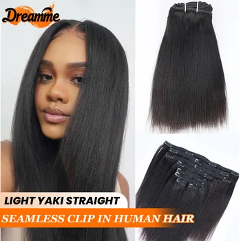 Seamless Light Yaki Straight PU Clips In Human Hair Extensions Natural Color Invisible Weft In Brazilian Remy Human Hair 110G 1
