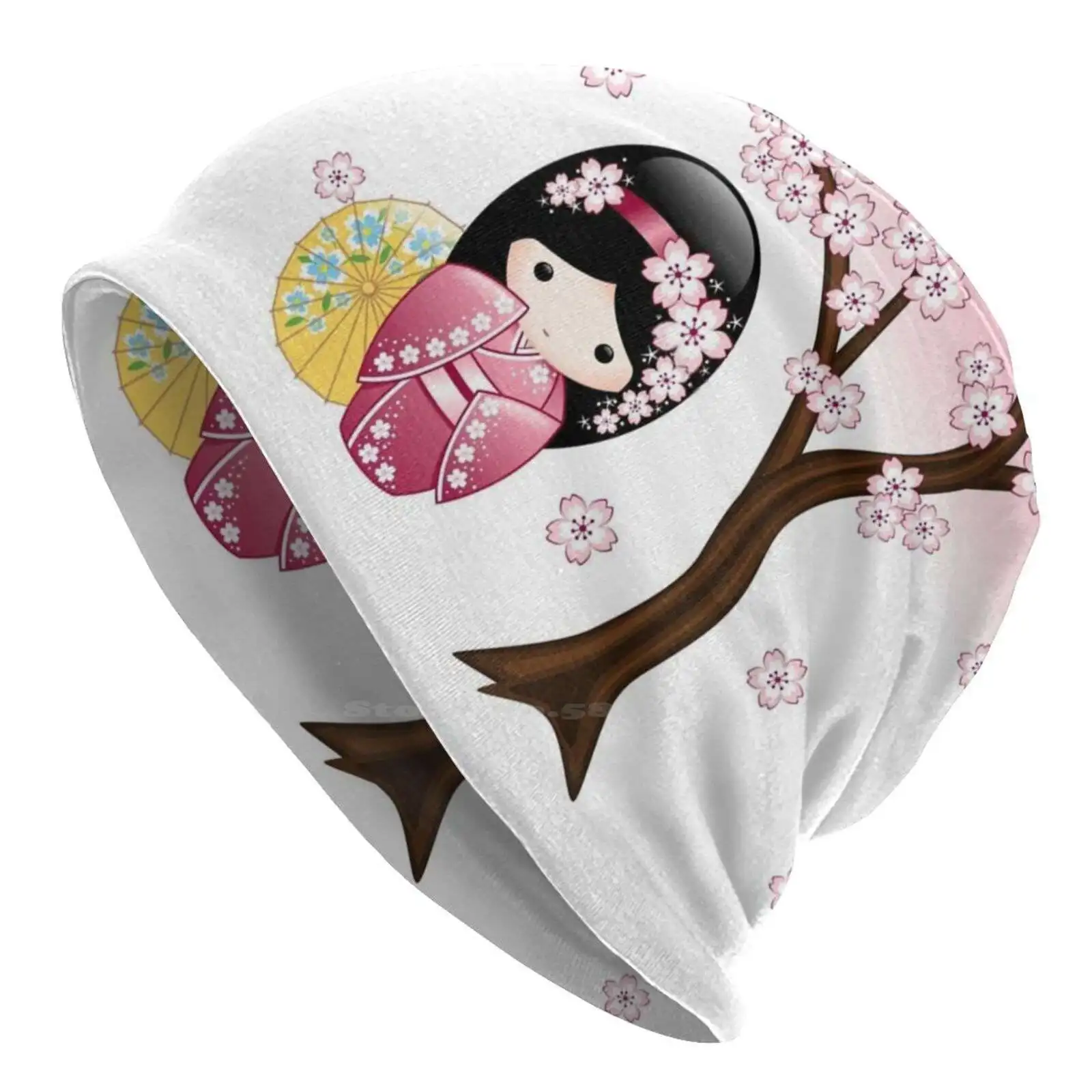 Japanese Spring Kokeshi Doll Cappello Lavorato A Maglia Warm Beanie Outdoor Caps Spring Kokeshi Doll Cute Girly Vector Cherry Blossom Geisha