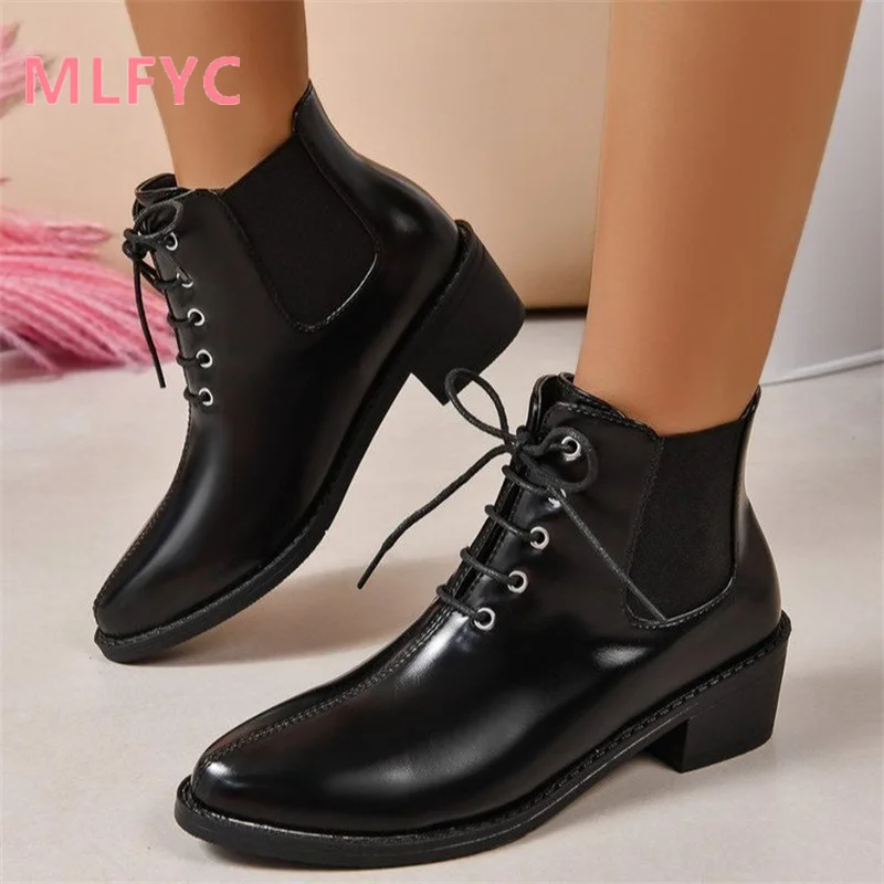 Women's New Foreign Trade Large Size Boots Female Trendy Mid Barrel Pointed Thick Heel Boots Ladies Simple Fashion Short Boots