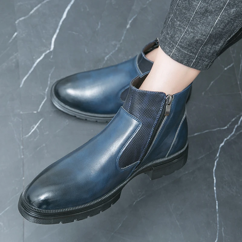 

Синие модные кожаные мужские ботинки челси брендовые дизайнерские итальянские свидания классические ретро повседневные деловые ботильоны с острым носком на молнии