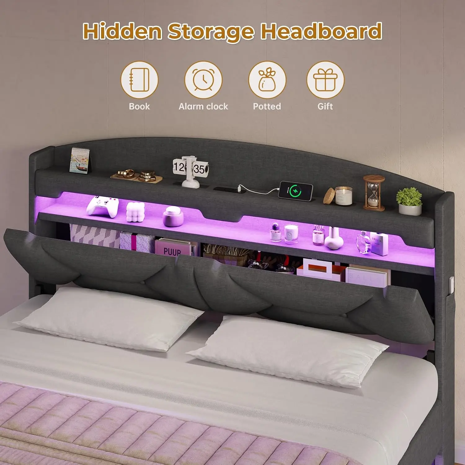 Floating Queen Bed Frame with Charging Station & Hidden Storage Headboard, RGB Floating Platform Bed Dark Grey 4