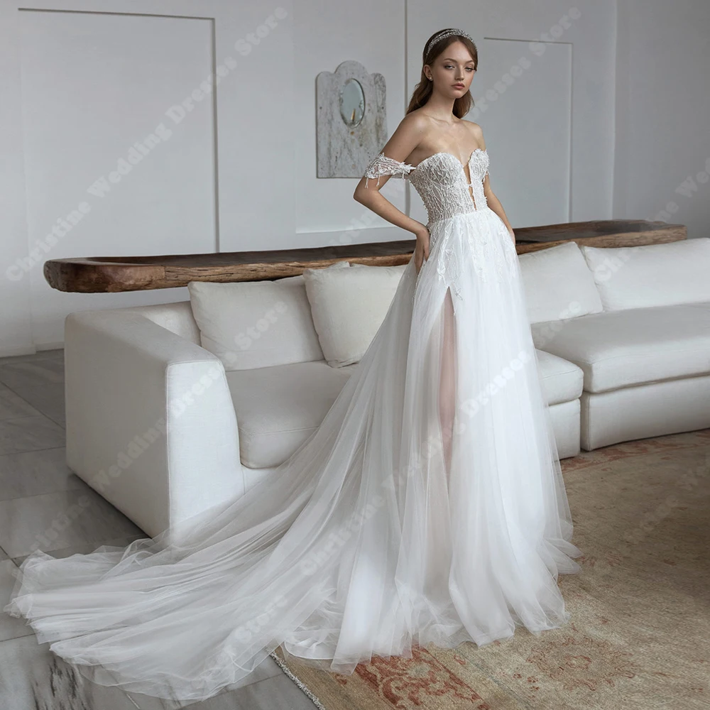 

Sexy Sweetheart Wedding Dresses Tulle Side Slit Off The Shoulder Bridal Gowns 2024 New Backless Boho Princess Vestidos De Novia
