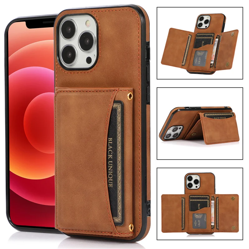 

Business Three Fold Leather Card Bag Phone Case For iPhone 14 13 12 11 Pro Max XR XS Max X 7 8 14Plus Soft Shockproof Back Cover