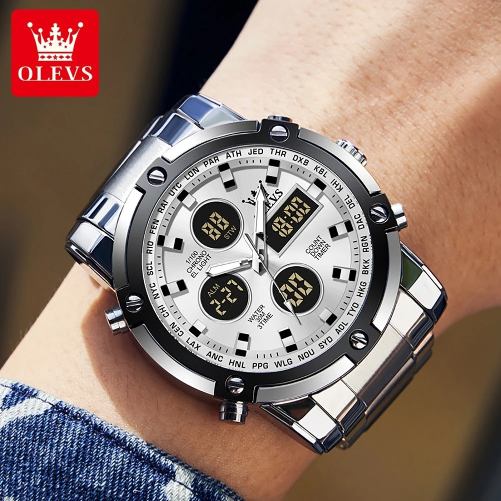 OLEVS 1106 Sport Digital Watch Gift Stainless Steel Watchband Round-dial Wristwatch Week Display Calendar Luminous Alarm 5