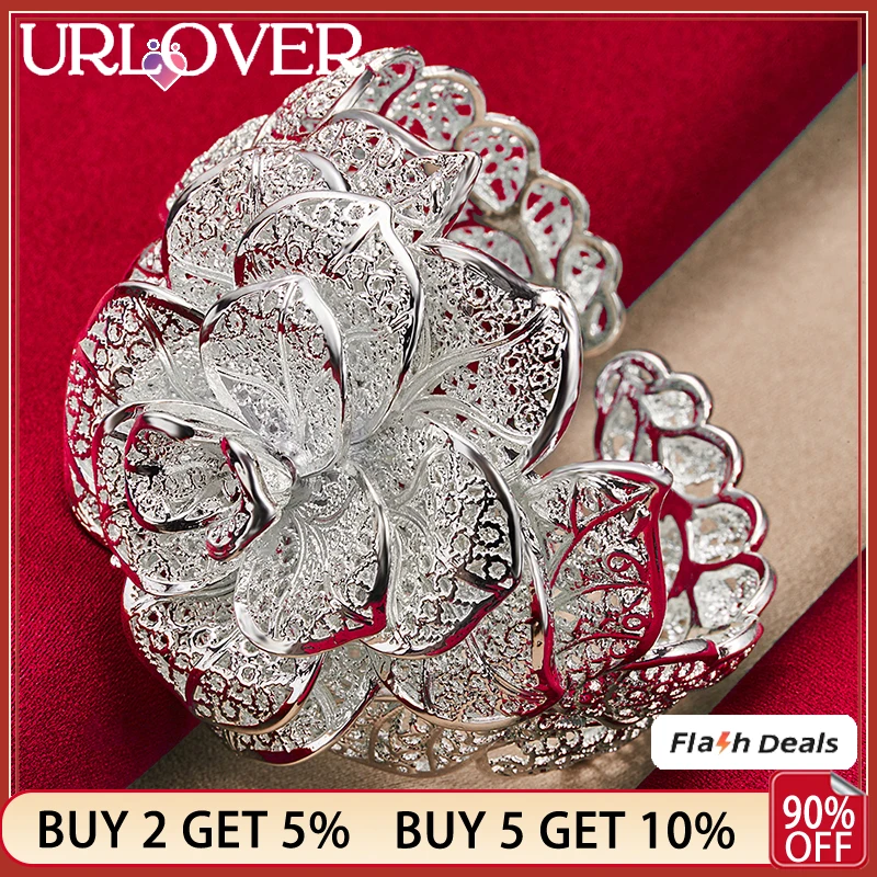 

URLOVER 925 Sterling Silver Fine Flower Rose Bangle For Women Open Bangles Engagement Wedding Party FashionJewelry Birthday Gift