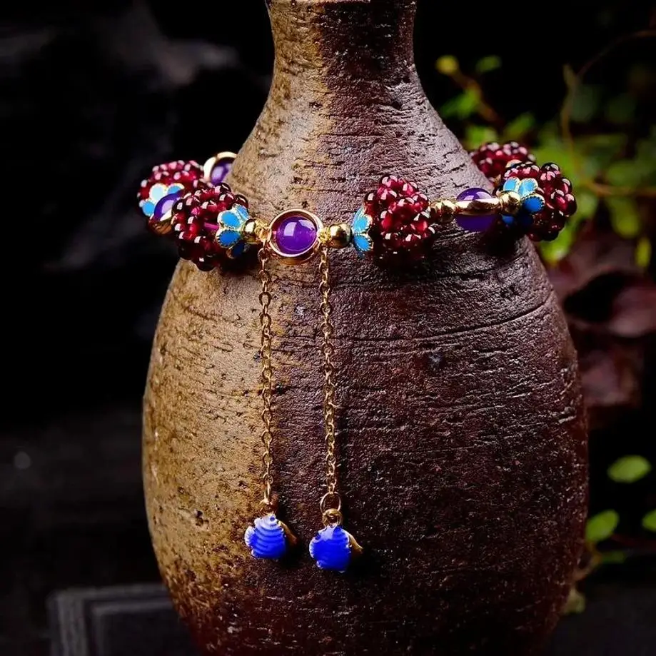 1 Pcs Ethnic Style Natural Pomegranate Flower Ball Bracelet Earrings Sweater Chain With Tianhe Stone Cloisonn É Bracelet