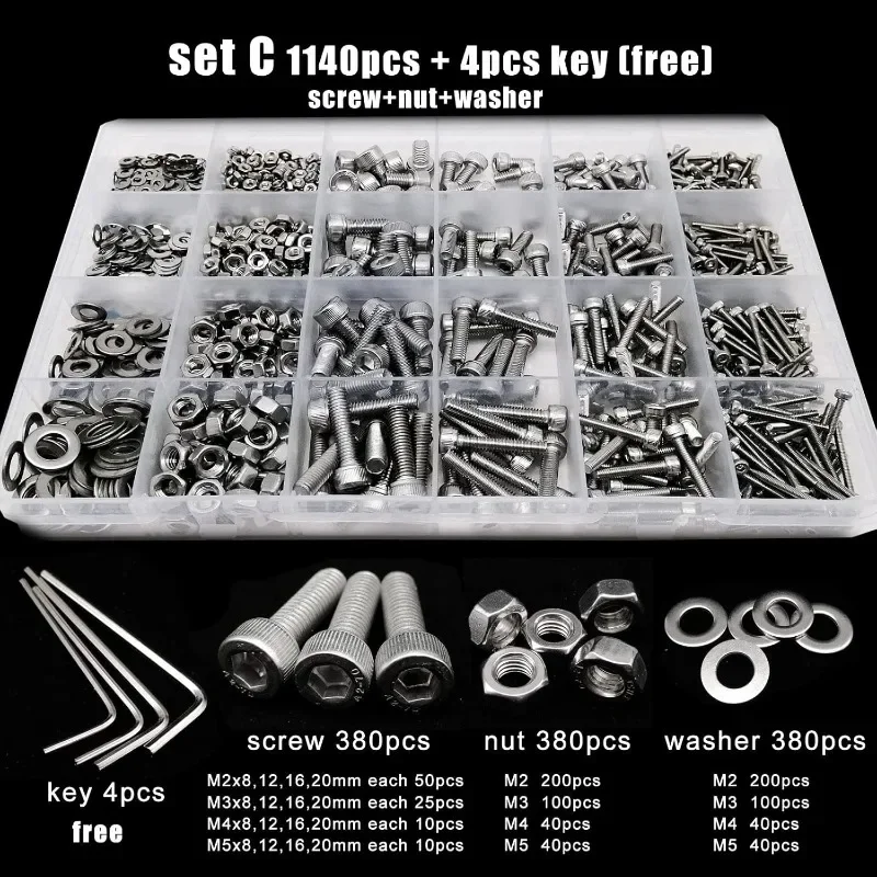 Metric Machine Screw M1.6 M2 M2.5 M3 M4 M5 304 Stainless Steel Hexagon Hex Socket Cap Head Screw Bolt Nut Set 1140pcs Assortment