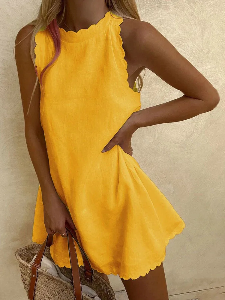 

Women Elegant Solid Dress Summer Vintage Short Sleeve Holiday Dresses Female Casual Round Neck Loose Sundress Vestidos Femme
