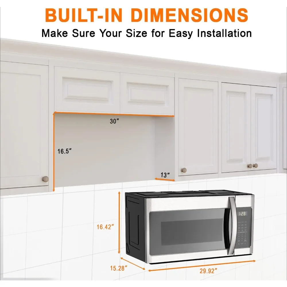 30-inch over range microwave, stove microwave, 1000 watts, LED light, 13.5 "glass turntable, stainless steel 3