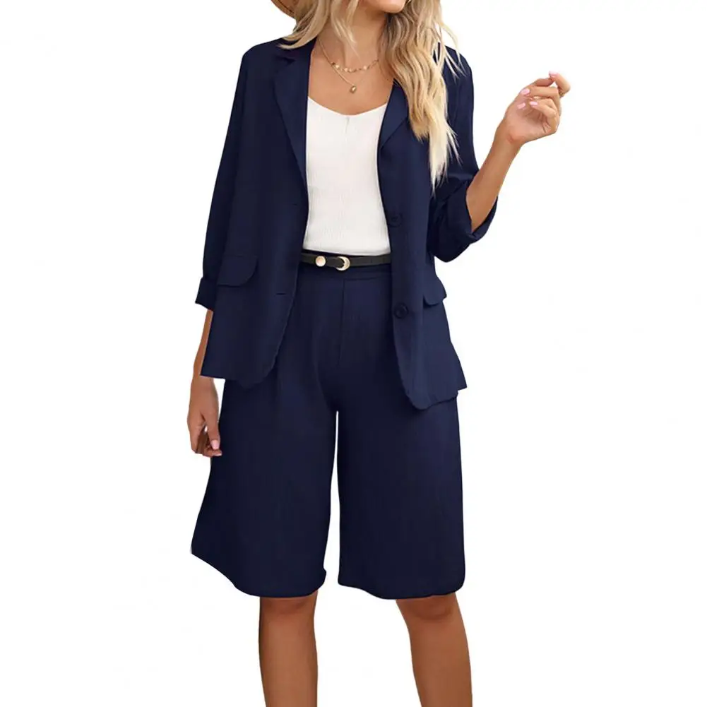 

2 Pcs/Set Short Suits Business Outfit Loose Wide Leg Cardigan Double Buttons Office Turn-down Collar High Waist Coat Shorts Set