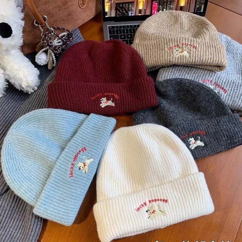Winter Warm Knitted Wool Hat Embroidery Puppy Ear Protection Beanie Windproof Thermal Anti-cold Slouchy Outdoor Running Cap