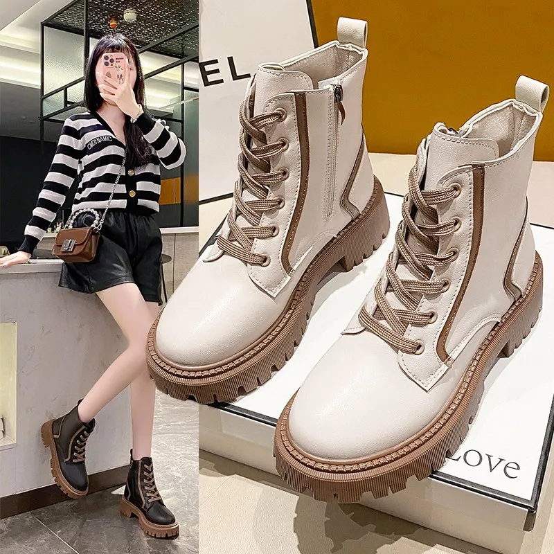 

Martin Boots Front Lace-up Combat Boots Chunky Heel Platform Women Boots British Style Thick Sole Increase Height Casual Boots