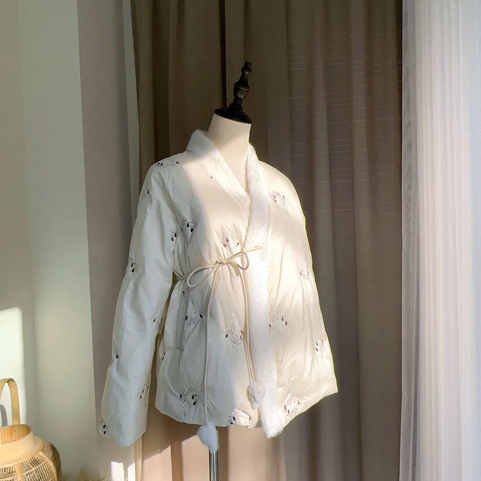 Retro National Style down Jacket Women's Winter Embroidery Top Fly Lace Short Thick Coat New Chinese Style Han Elements