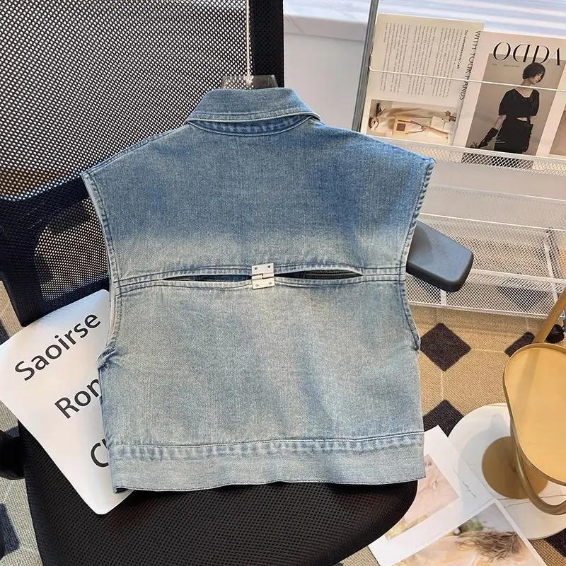 Gradient color loose denim vest women's summer polo collar fashionable short vest design with patchwork jacket