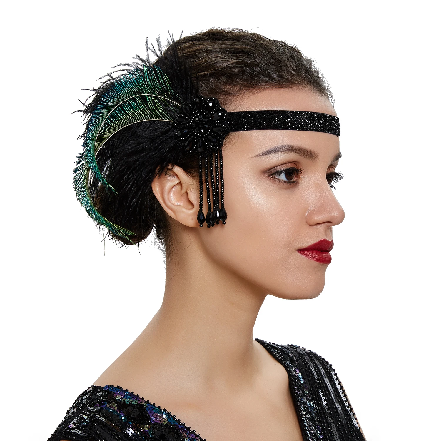 Fascia Anni '20 Con Piume E Strass | Accessorio Vintage Per Capelli, Elastico, Perfetta Per Feste A Tema Gatsby - 5