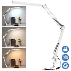 Adjustable Eye - Caring LED Desk Lamp with Clamp - 3 Color Modes & 10 Brightness Levels for Home, Reading, and Study (White)
