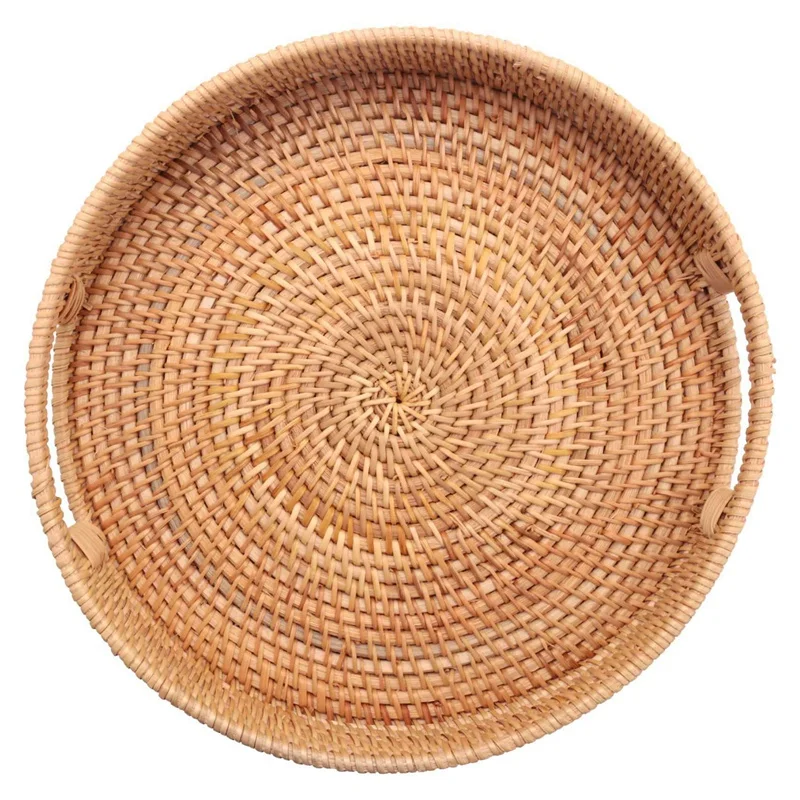 

AT14 3X Round Rattan Woven Serving Tray With Handles Ottoman Tray For Breakfast, Drinks, Snack For Coffee Table Decorative