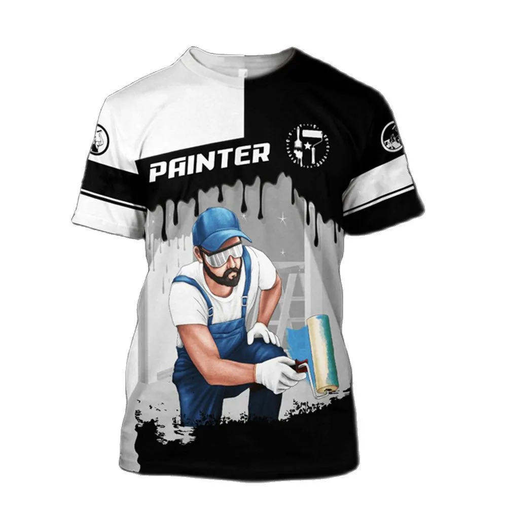 

Cool Summer Men's Short Sleeve Construction Painter 3D Printing Round Neck Sports Loose Casual Large Fitness Training Clothes