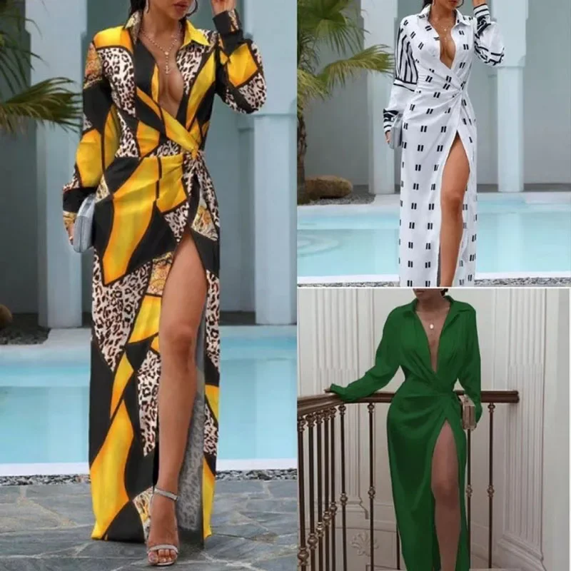 541004003 Spring Women's Long sleeved V-neck Lace up Split Sexy Printed Dress Long Dress