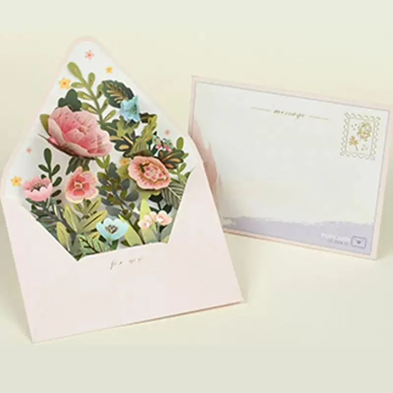 3D Pop-up Flowers Postcard with Envelope Romantic Flower Birthday Christmas Card Paper Greeting Cards Blessing Message Card