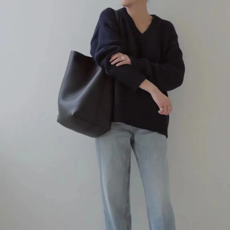

Office Lady Chic Bucket Bags Women Commuter Large Capacity Shoulder Tote Bag Solid Genuine Leather Versatile Bolsas De Mujer