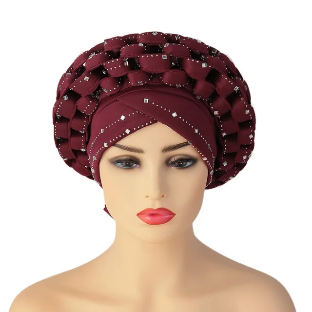 Inlaid with Diamonds African Pattern Pre-Tied Bonnet Turban Knot Cap Headwrap Hat Auto Gele Robe Africaine Aso Oke Ready To Wear Cap052