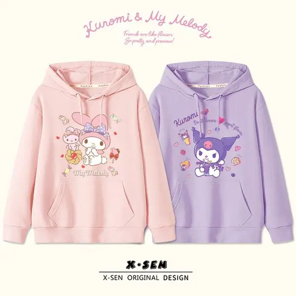 

Детская одежда с аниме Sanrios Cinnamoroll Melody, милая мультяшная толстовка, худи Kuromi с круглым вырезом, футболка с длинным рукавом, игрушки для девочек