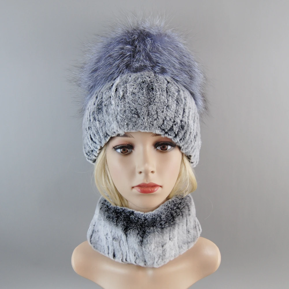Women Natural Real Rex Rabbit Fur Ring Cap Real Fur Scarves Hats Winter Lady Brand Hand Make Silver Fox Hat Scarf