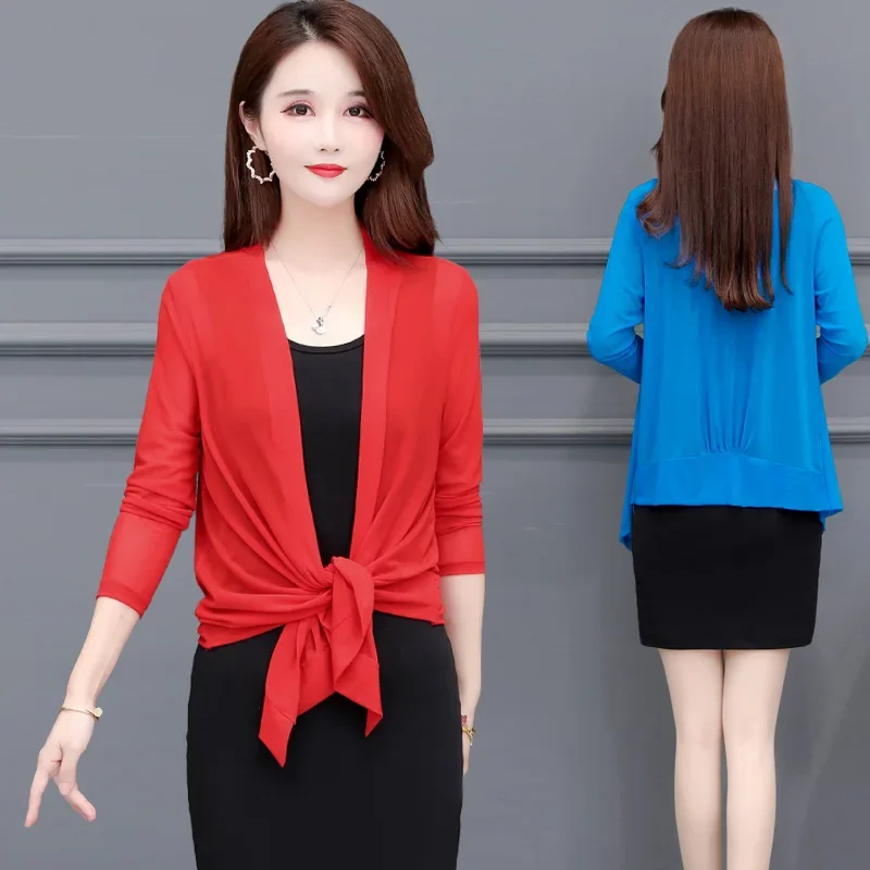 Women's Mesh Cardigan Short Shawl Korean Fashion Free Shipping Slim Fit Thin and Light Air Conditioner Sun Protection Clothing