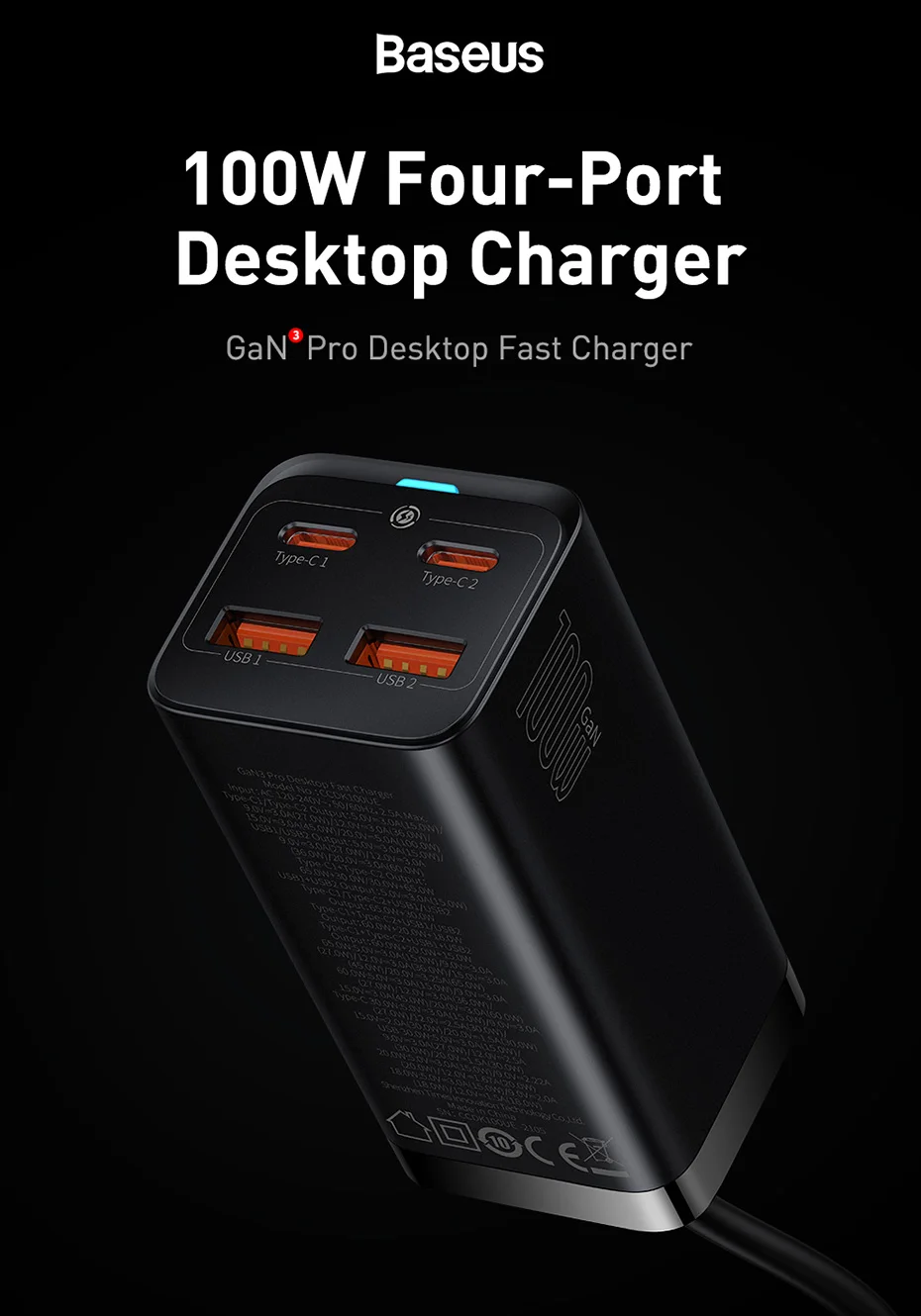 Baseus PD 100W GaN Charger USB Type C Desktop Charger Station Quick Charge 4.0 QC 3.0 Fast Charging For Macbook iPhone Xiaomi mi description image