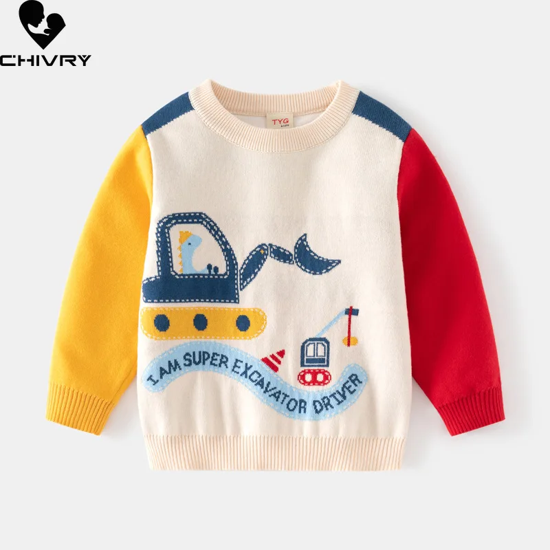 

New Autumn Winter Baby Boys Round Neck Pullover Sweater Kids Cartoon Dinosaur Excavator Jacquard Knitted Sweaters Tops Clothing