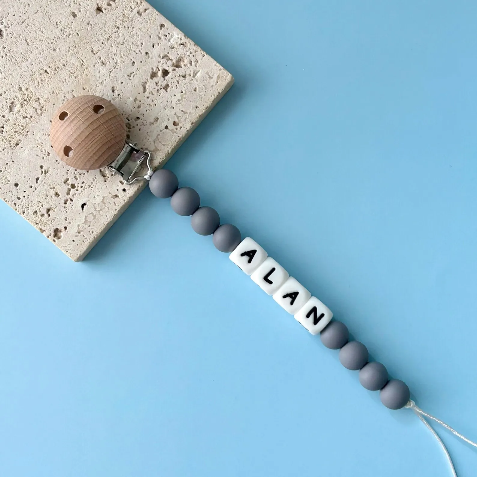 Baby Pacifier Clip with Silicone Alphabet Beads, Personalized Infant Teething Toy Holder