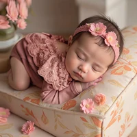 Ylsteed Newborn photography clothing Delicate Baby Girl Photo Romper: Soft Pink Long Sleeve + Lace Collar & Bow Detail