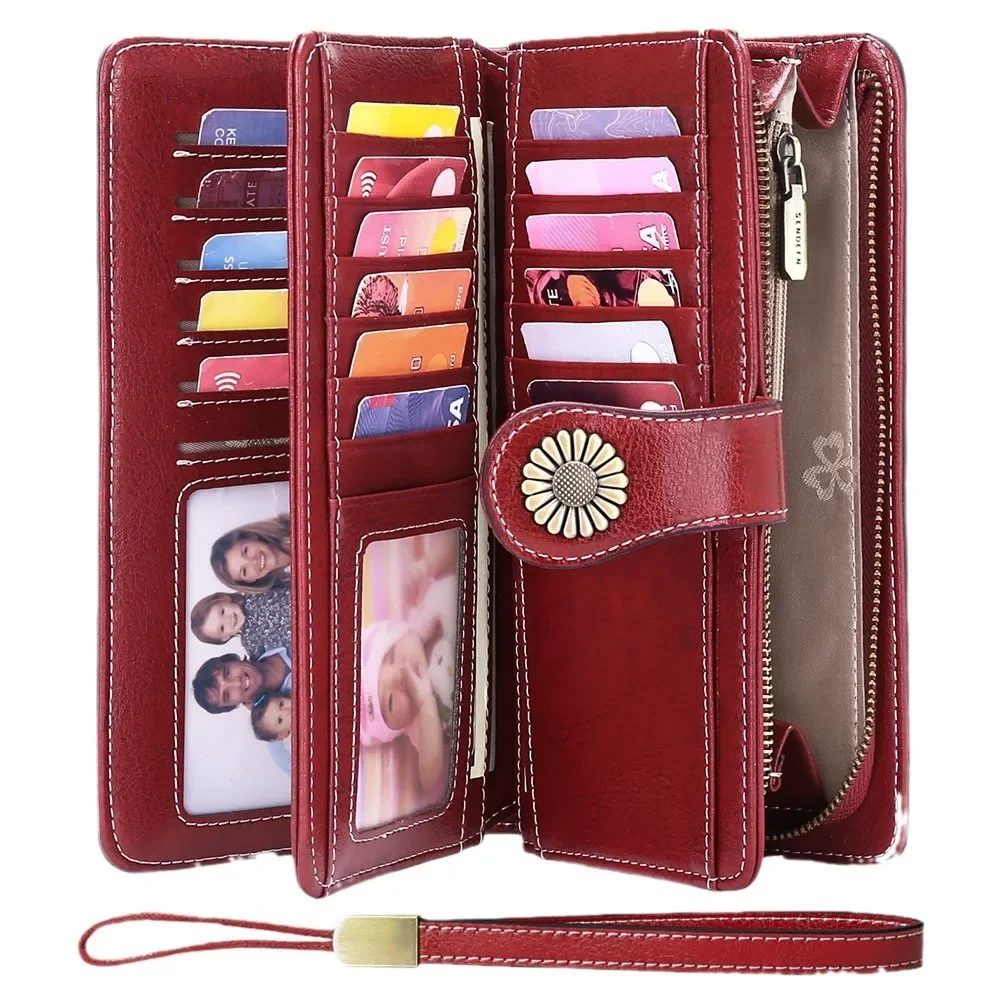 Genuine Leather Women Wallet Long Style Fashion RFID Clutch Wallet Card Holder Zipper Coin Phone Pocket Female Purse Money Bag