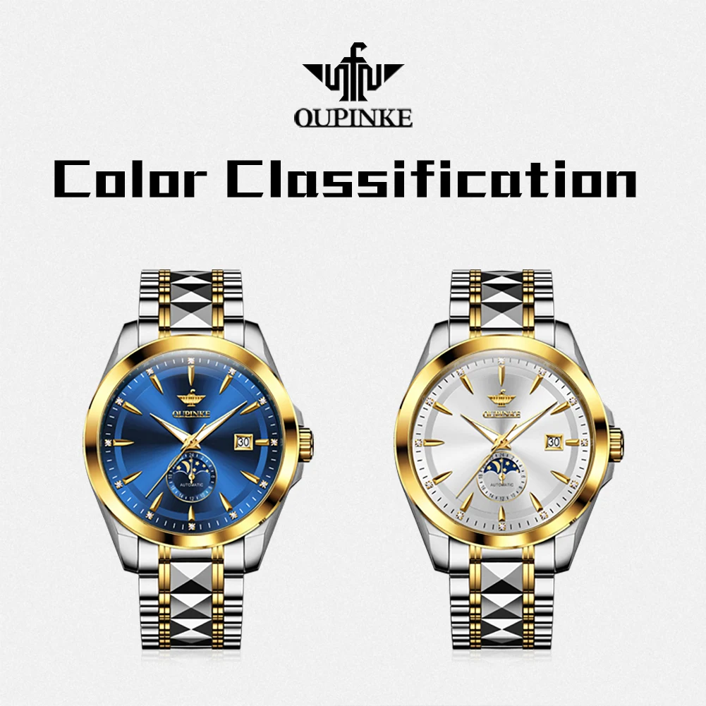 OUPINKE 3292 Moon Phase Luxury Original Men's Watches Fully Automatic Mechanical Watch 50m Waterproof Sapphire Top Watch for Man