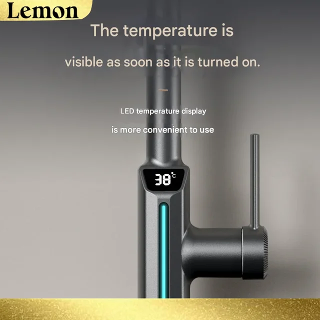 ก๊อกน้ำตก LED สีเทาปืนพร้อมจอแสดงผลอุณหภูมิดิจิตอลแบบดึงได้ห้องครัว/อ่างล้างหน้าห้องน้ำผสมก๊อกน้ำอ่างล้างหน้าร้อน/เย็น 4