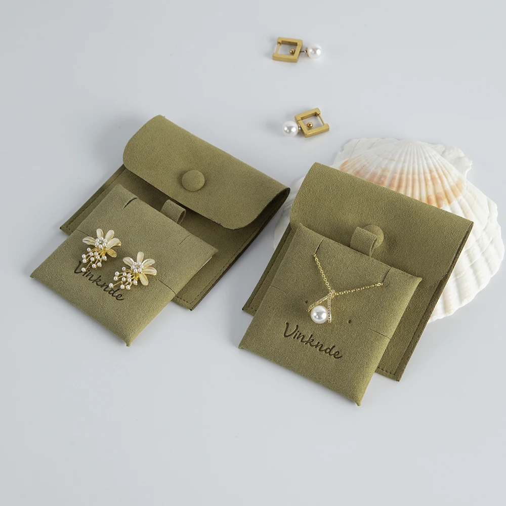 Custom Logo Snap Button Suede Jewelry Packaging Earring Gift Pouch with Insert Pad Cards Microfiber Necklace Ring Organizer Bags