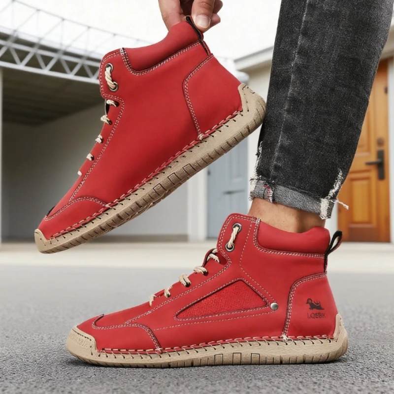 Trend High Top Shoes for Men Anti Slip Soft Sole Breathable Comfortable Loafers Lace Up Mosinka Shoe Spring and Autumn Flat Shoe